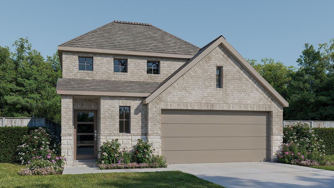 Front exterior of a new home in Jordan Ranch 40', Fulshear, TX, highlighting curb appeal (Image 1).