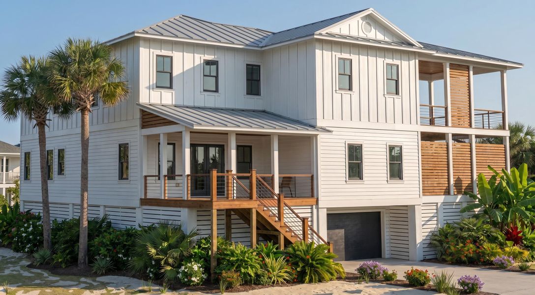 Front exterior of a new home in , Isle Of Palms, SC, highlighting curb appeal (Image 6).