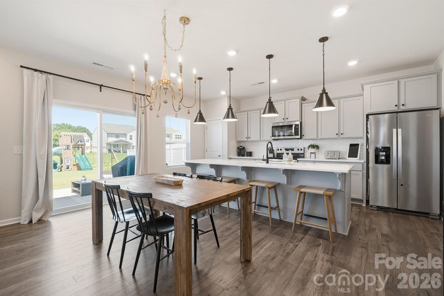 Large dining area with custom chandelier