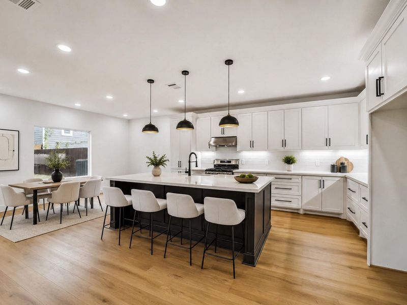 Modern open concept kitchen featuring a spacious island and sleek white cabinetry.