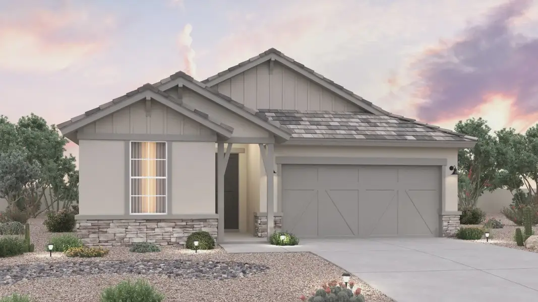 Front exterior of a new home in Teravalis, Buckeye, AZ, highlighting curb appeal (Image 2). Front exterior of a new home in Teravalis, Buckeye, AZ, highlighting curb appeal (Image 2).
