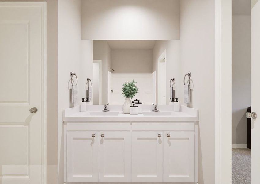 A clean, modern bathroom with a double sink vanity featuring two mirrors, two faucets, and a potted plant. The room has a bright, minimalist design. A clean, modern bathroom with a double sink vanity featuring two mirrors, two faucets, and a potted plant. The room has a bright, minimalist design.