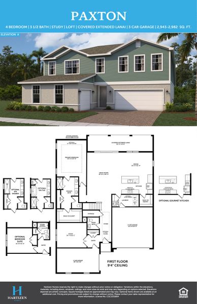 2D floor plan layout for the Paxton by Hartizen Homes in Eden Crest, Apopka, FL (Image 3).