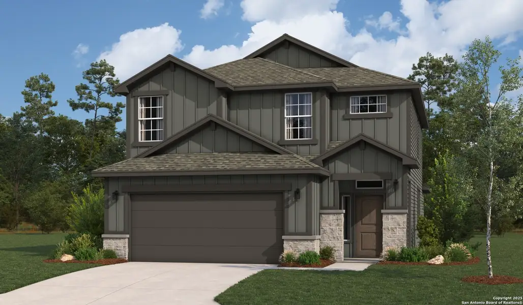 Front exterior of a new home in Highland Ridge, New Braunfels, TX, highlighting curb appeal (Image 1).