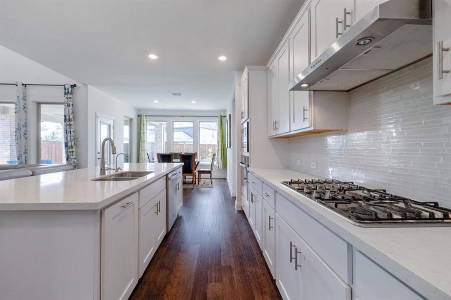 Kitchen featuring dark wood-style floors, backsplash, appliances with stainless steel finishes, a sink, and exhaust hood