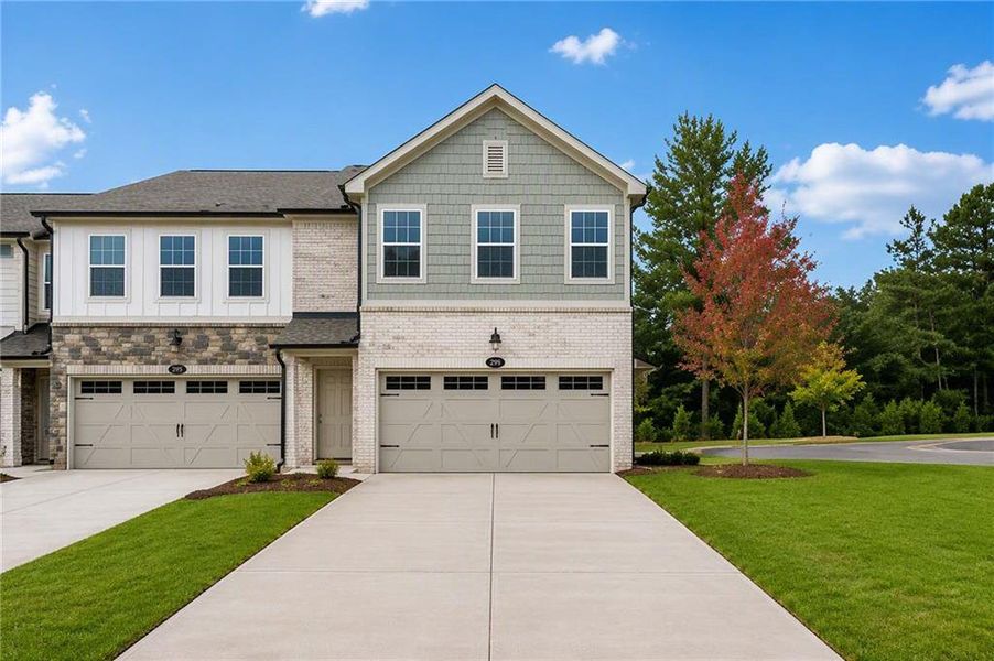 Front exterior of a new home in Leydenview, Mableton, GA, highlighting curb appeal (Image 2). Front exterior of a new home in Leydenview, Mableton, GA, highlighting curb appeal (Image 2).