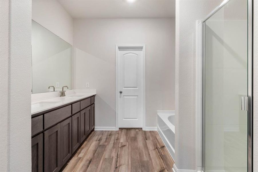 Bathroom featuring hardwood / wood-style floors, shower with separate bathtub, and vanity