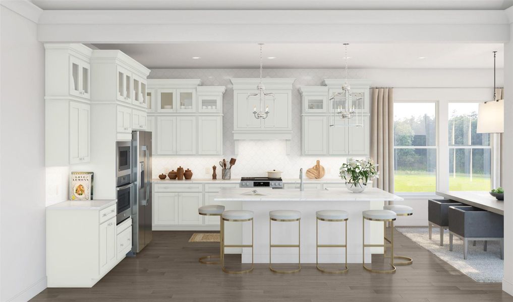 Stunning island kitchen with pewter grey stacked cabinets and quartz counters (*Artist rendering used for illustration purposes only.)