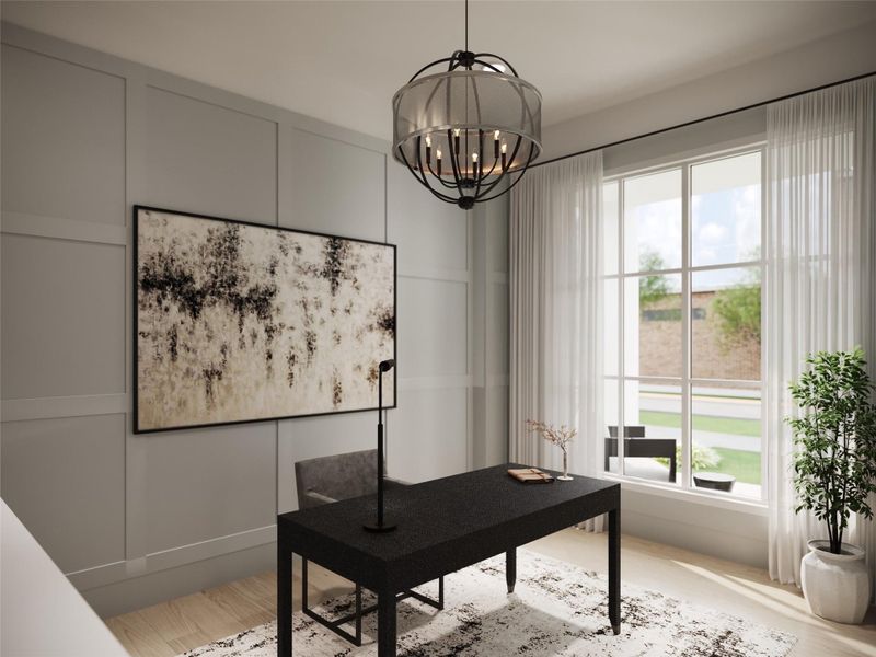 Study off the entrance of the home with beautiful paneled walls, built-in shelving, cabinets and drawers. There is also a Modern Pedent Light and a Set of Divided Lite Doors. This is an Artists Rendering - Selections and Finishes are subject to change at any time during construction. Study off the entrance of the home with beautiful paneled walls, built-in shelving, cabinets and drawers. There is also a Modern Pedent Light and a Set of Divided Lite Doors. This is an Artists Rendering - Selections and Finishes are subject to change at any time during construction.