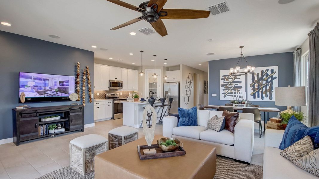 Explore the Bluebell great room interior by DRB Homes at Anderson Parc, Lot 171, 2158 S 242nd Lane in Buckeye, Arizona.