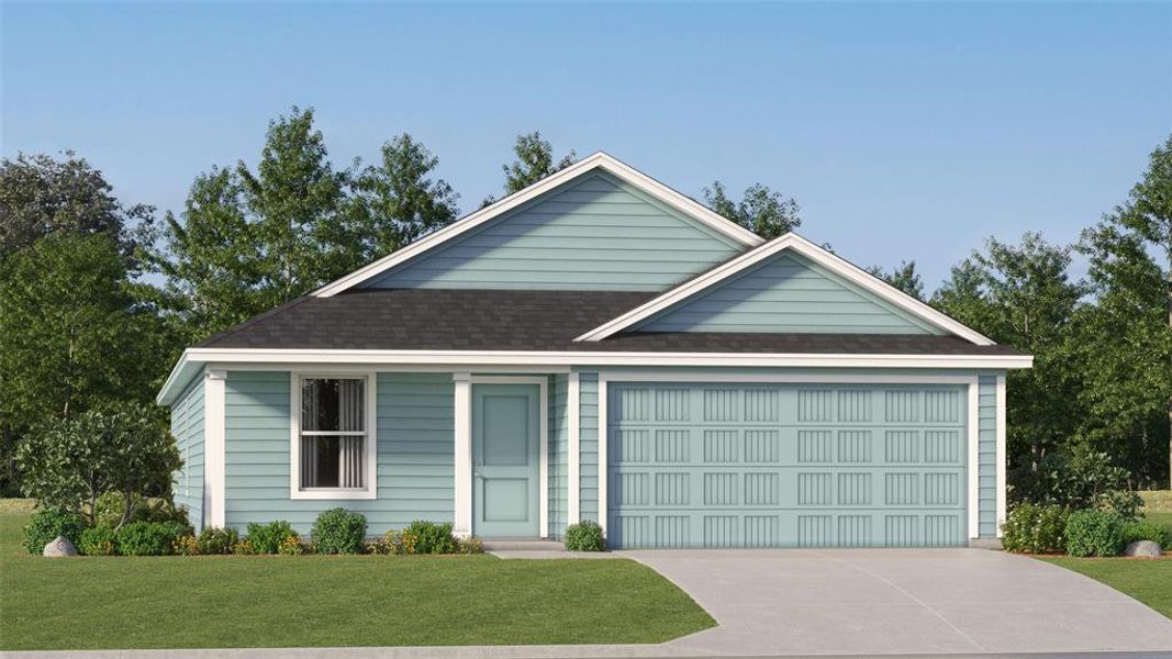 View of front of home featuring a garage and a front lawn