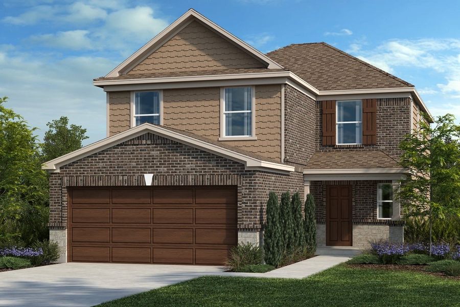 Front exterior of a new home in Salerno - Heritage Collection, Round Rock, TX, highlighting curb appeal (Image 1). Front exterior of a new home in Salerno - Heritage Collection, Round Rock, TX, highlighting curb appeal (Image 1).