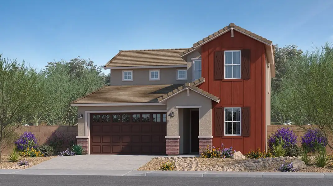 Front exterior of a new home in Teravalis, Buckeye, AZ, highlighting curb appeal (Image 1). Front exterior of a new home in Teravalis, Buckeye, AZ, highlighting curb appeal (Image 1).