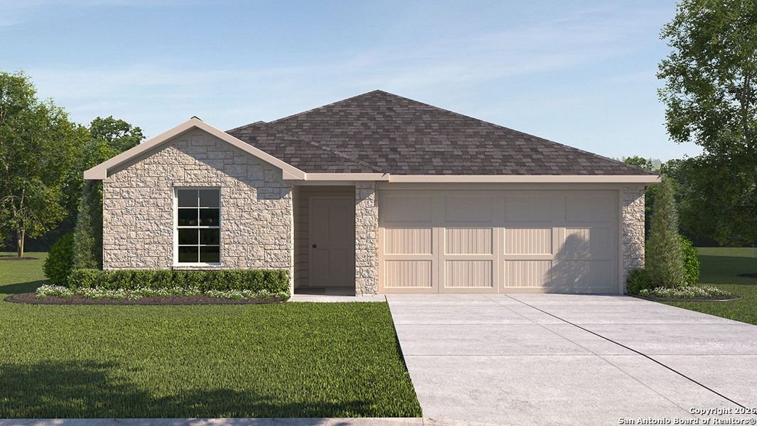 Front exterior of a new home in Brookstone Creek, San Antonio, TX, highlighting curb appeal (Image 1). Front exterior of a new home in Brookstone Creek, San Antonio, TX, highlighting curb appeal (Image 1).
