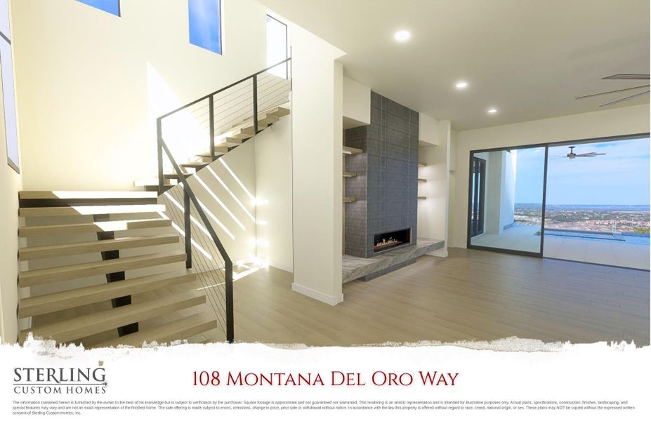 Floating staircase, fireplace, wood floors, large sliders that open to outdoor living and pool.