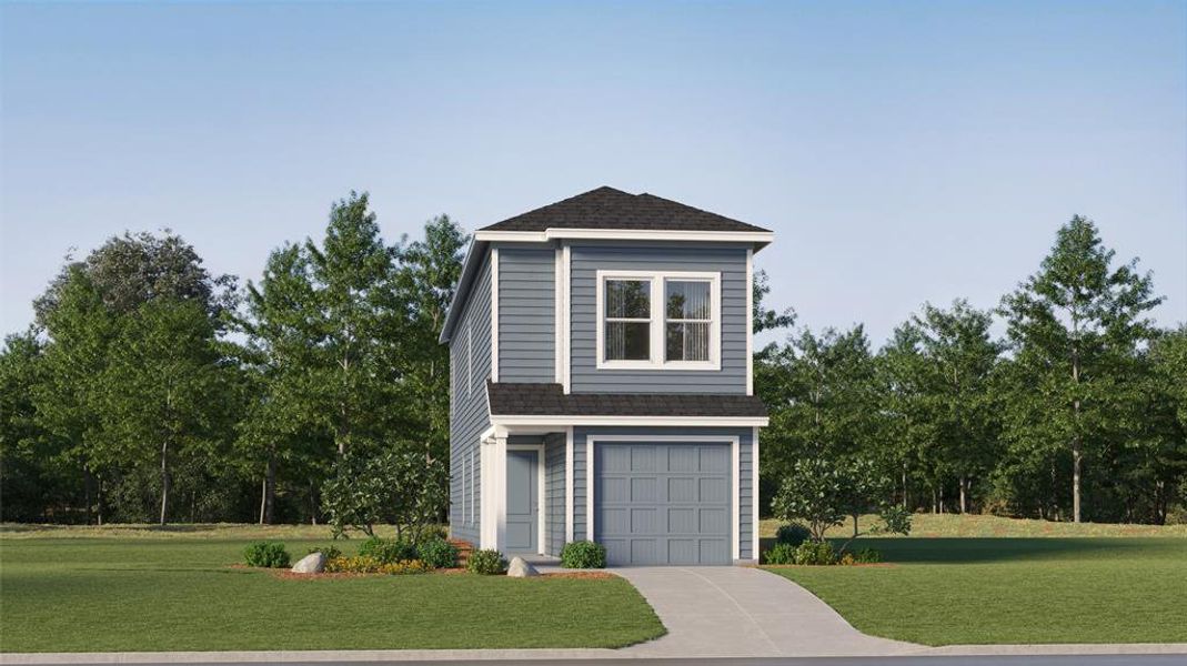 View of front of property featuring a front yard and a garage