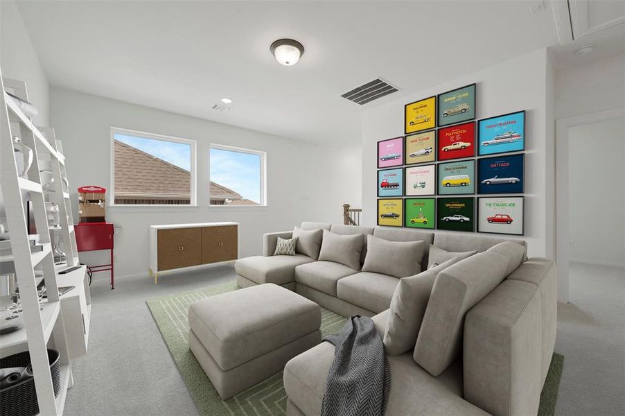 Carpeted bonus room featuring bright white walls, two transom windows, and a built-in ceiling light fixture
