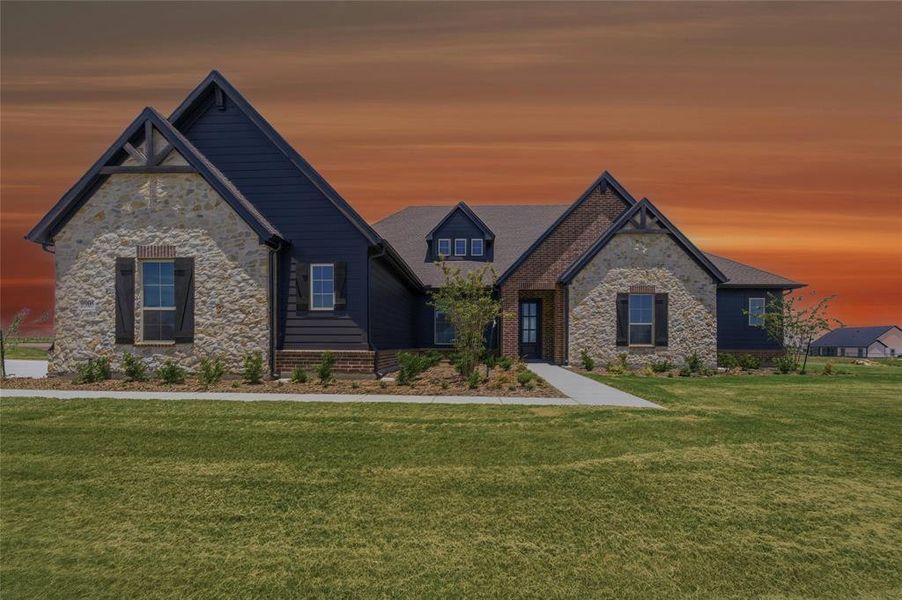 Stone and dark siding exterior with prominent gables and dark window shutters Stone and dark siding exterior with prominent gables and dark window shutters