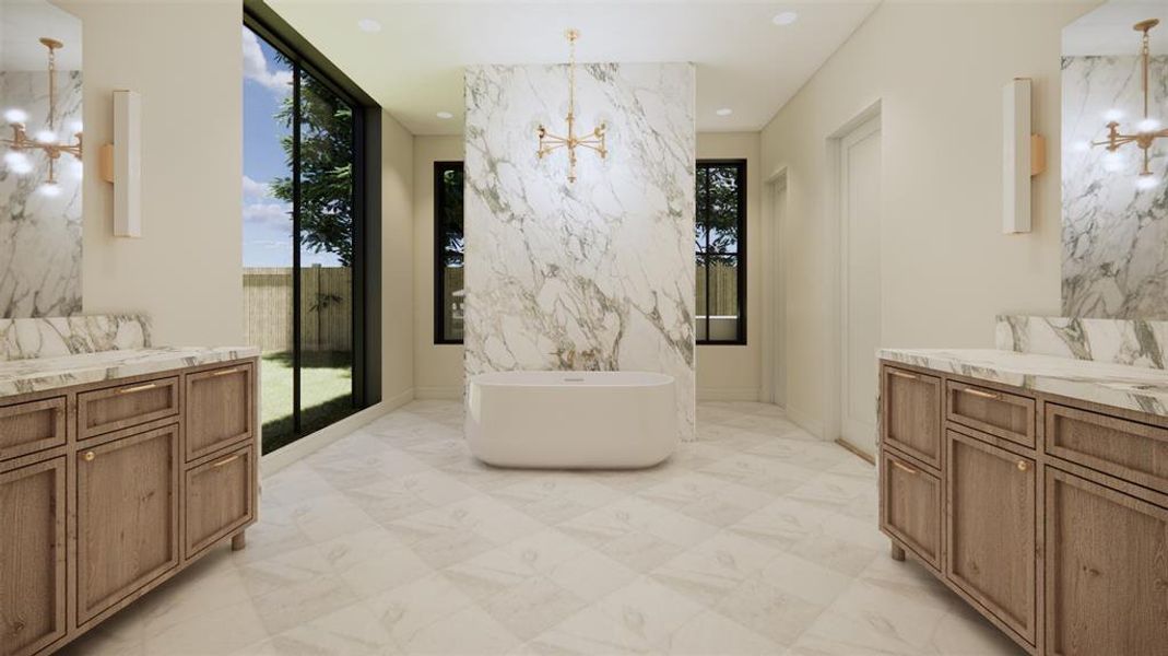 Primary of bathroom featuring dual vanity, a soaking tub, and a walk in shower hidden behind the marble wall.