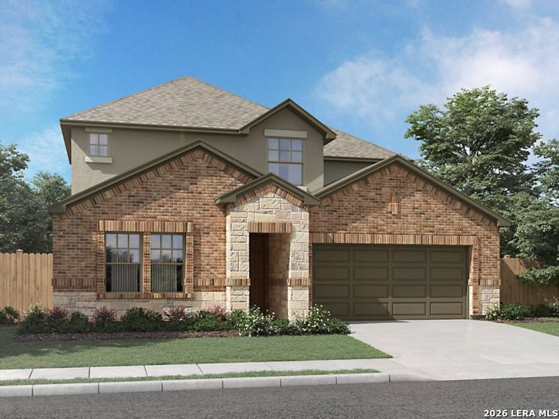 Front exterior of a new home in Arcadia Ridge - Classic Series, San Antonio, TX, highlighting curb appeal (Image 1). Front exterior of a new home in Arcadia Ridge - Classic Series, San Antonio, TX, highlighting curb appeal (Image 1).