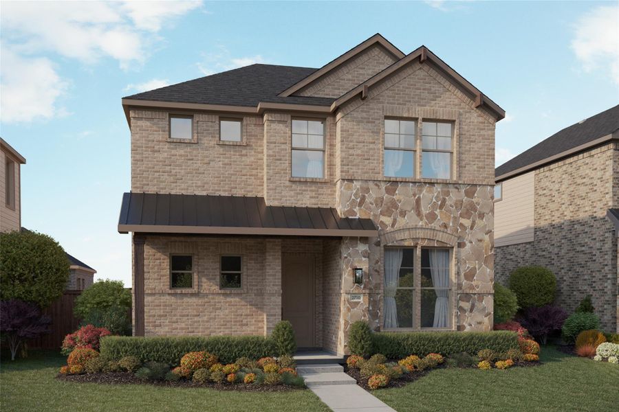 View of front of home featuring a standing seam roof, brick siding, a metal roof, and a front yard View of front of home featuring a standing seam roof, brick siding, a metal roof, and a front yard
