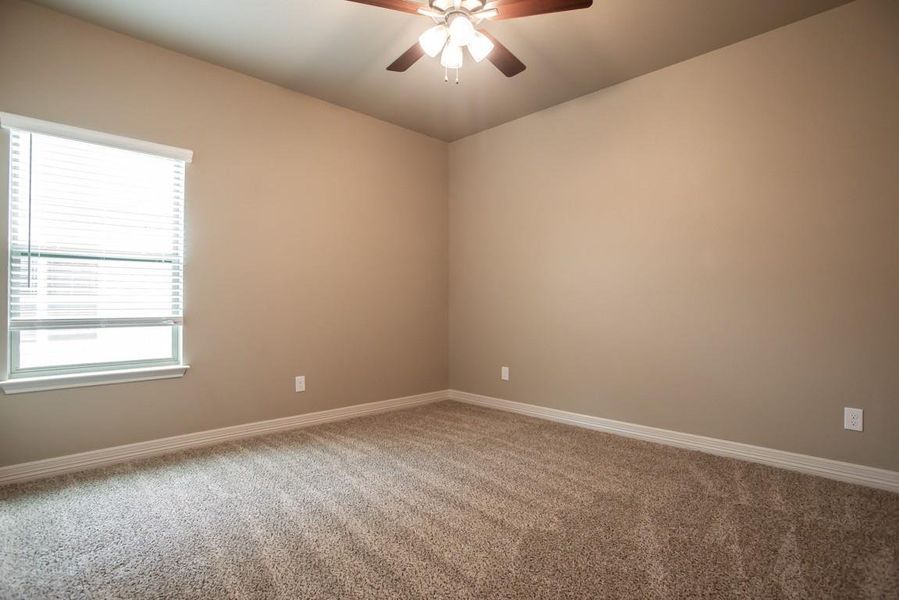 Unfurnished room featuring baseboards, ceiling fan, and carpet