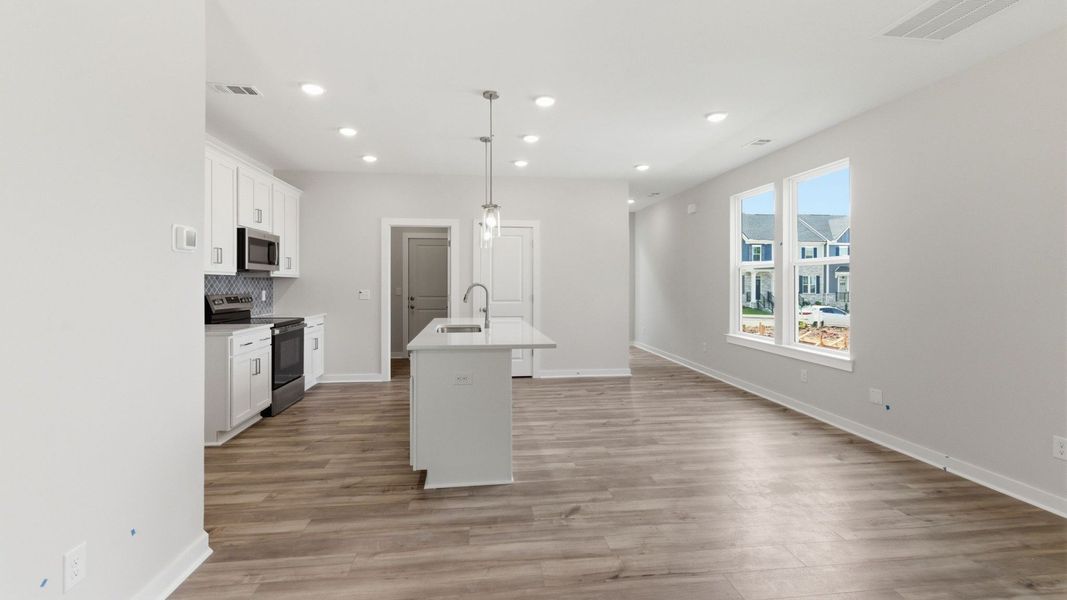 View of kitchen and gathering room