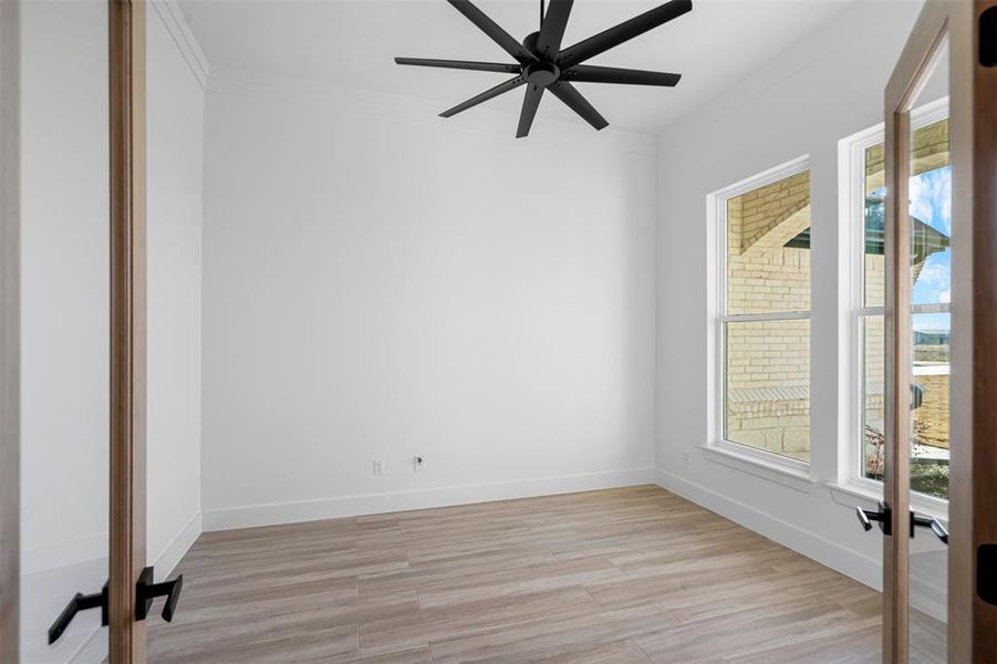 Empty room featuring ceiling fan, light hardwood / wood-style floors, and crown molding