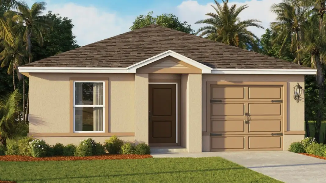 Front exterior of a new home in Woodside at Ormond Station, Ormond Beach, FL, highlighting curb appeal (Image 2). Front exterior of a new home in Woodside at Ormond Station, Ormond Beach, FL, highlighting curb appeal (Image 2).