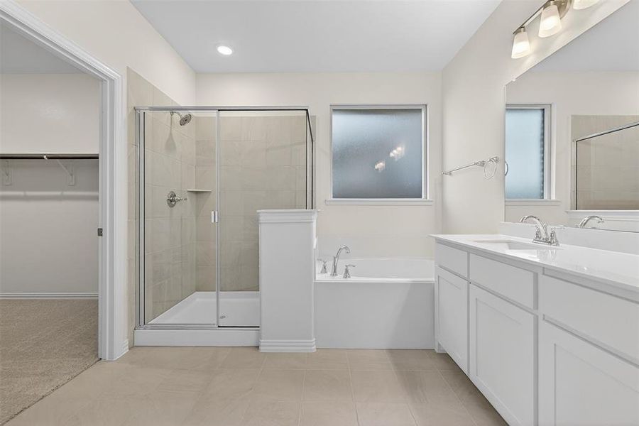 Full bathroom with a spacious closet, a bath, vanity, and a stall shower
