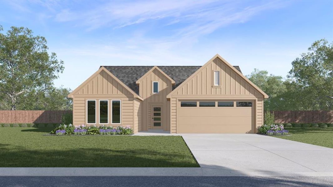 View of front of home featuring a front yard, fence, a shingled roof, concrete driveway, and board and batten siding