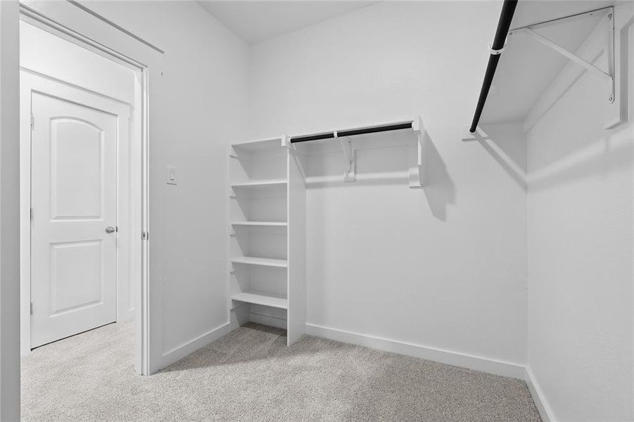 Walk in closet featuring light carpet