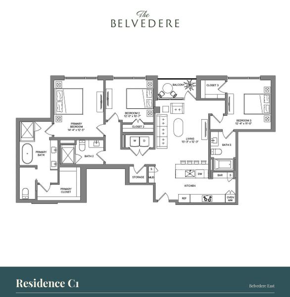 This residence is a spacious C1 floor plan in the Belvedere East building