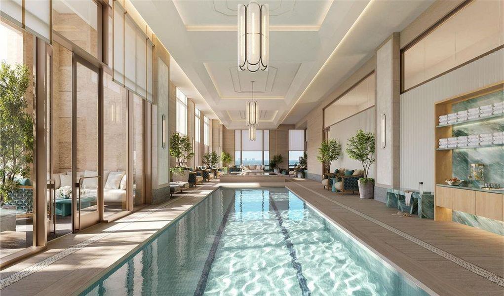 The 18th floor is the residents’ private amenity level, featuring an indoor 75’ x 10’ heated lap pool designed for wellness and relaxation. Just beyond, a spa-inspired setting includes a hot tub and a cold plunge pool, along with a recovery terrace, creating a tranquil environment for rest, recovery, and rejuvenation. The 18th floor is the residents’ private amenity level, featuring an indoor 75’ x 10’ heated lap pool designed for wellness and relaxation. Just beyond, a spa-inspired setting includes a hot tub and a cold plunge pool, along with a recovery terrace, creating a tranquil environment for rest, recovery, and rejuvenation.