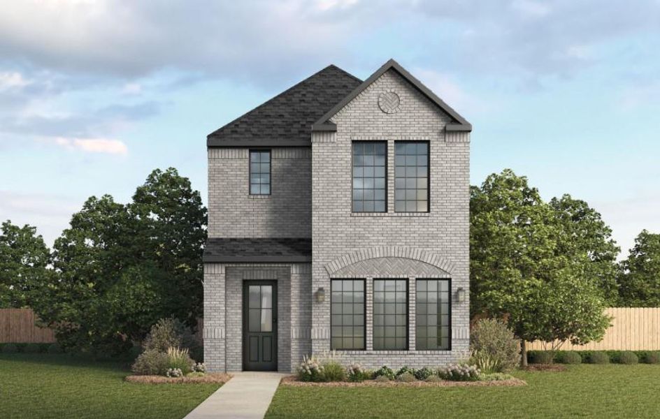 Front exterior of a new home in Mustang Square, Plano, TX, highlighting curb appeal (Image 1).