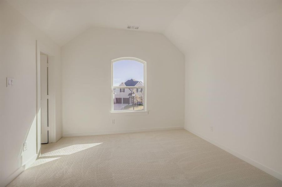 Unfurnished room featuring carpet and lofted ceiling Unfurnished room featuring carpet and lofted ceiling