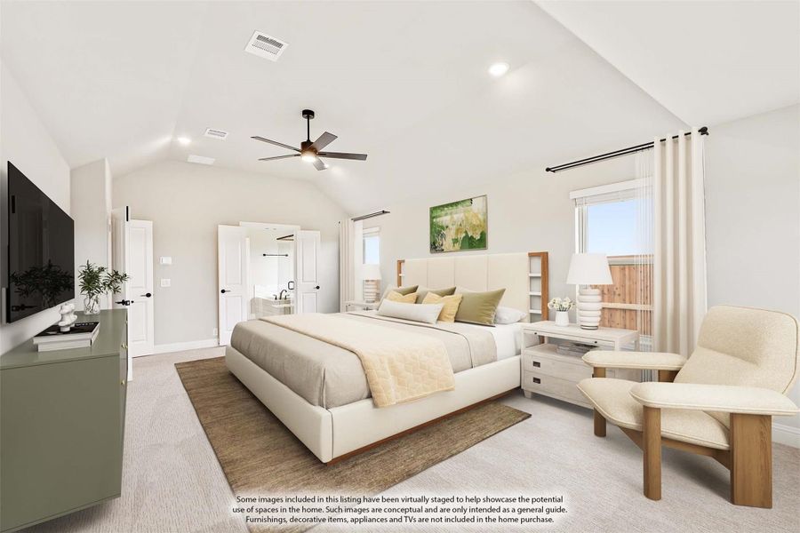 Master bedroom with vaulted ceiling, ceiling fan, carpet flooring, and ensuite bathroom doorway visible in background. Master bedroom with vaulted ceiling, ceiling fan, carpet flooring, and ensuite bathroom doorway visible in background.