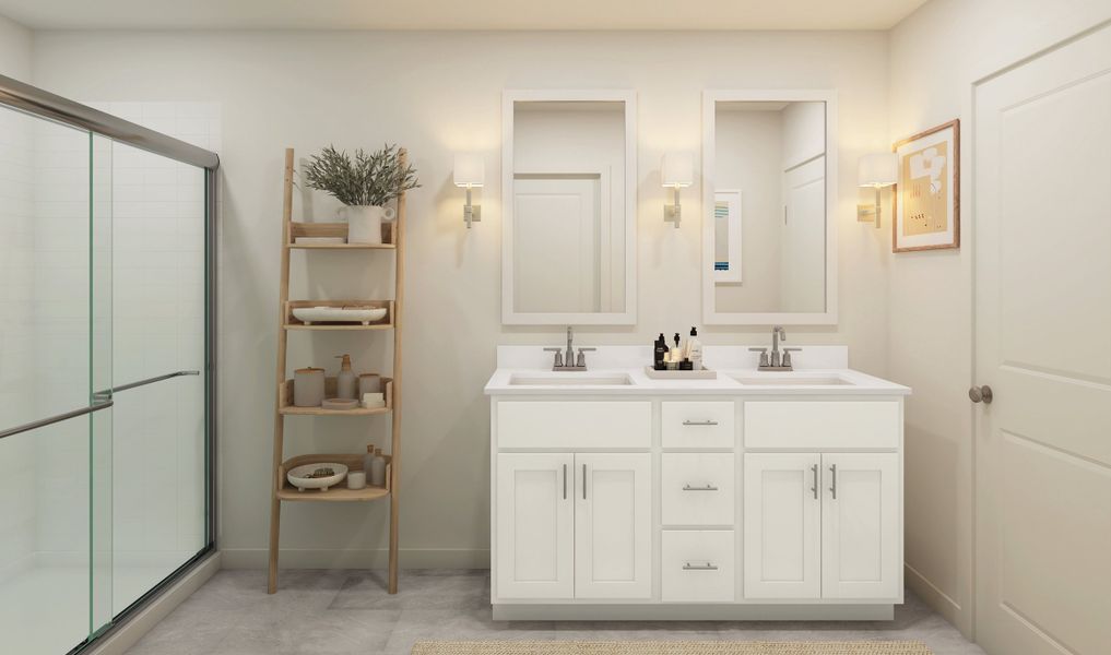 Primary bath with dual sinks and chrome fixtures