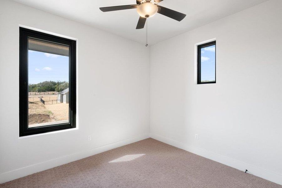 Empty room featuring carpet and a ceiling fan