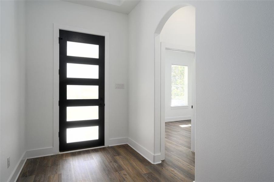 Foyer with dark hardwood / wood-style flooring