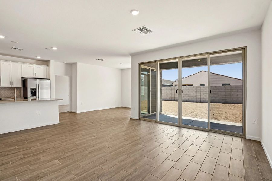 Great room, kitchen and dining