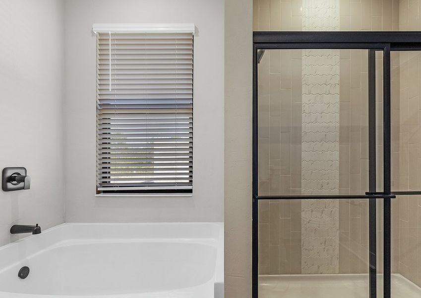 The master bathroom includes double-sink counter, walk-in shower and bathtub The master bathroom includes double-sink counter, walk-in shower and bathtub