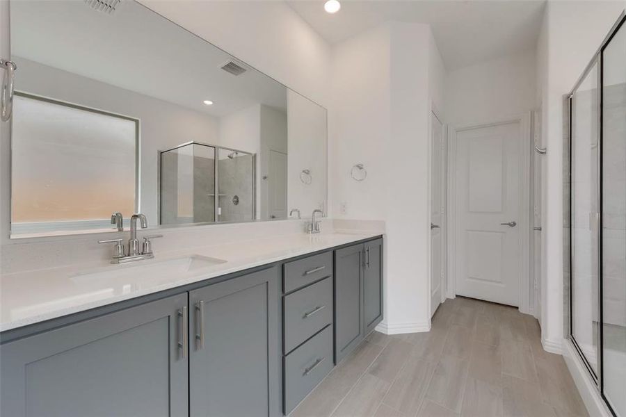 Bathroom featuring a shower with door and vanity