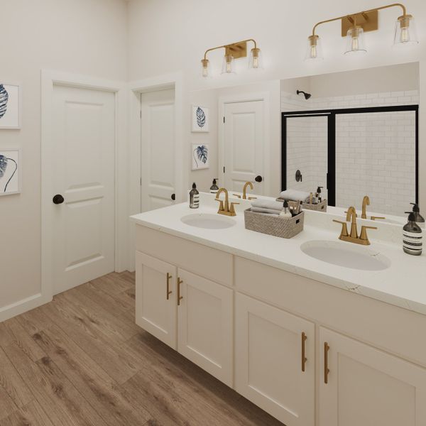 The primary's private ensuite boasts dual sinks, walk-in closet, and stunning finishes.