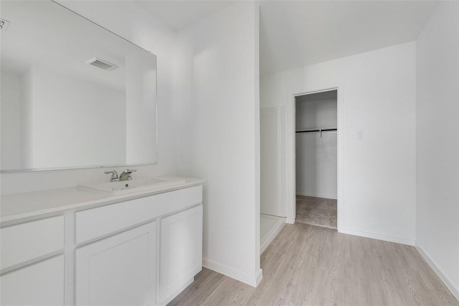 Bathroom featuring hardwood / wood-style floors and vanity