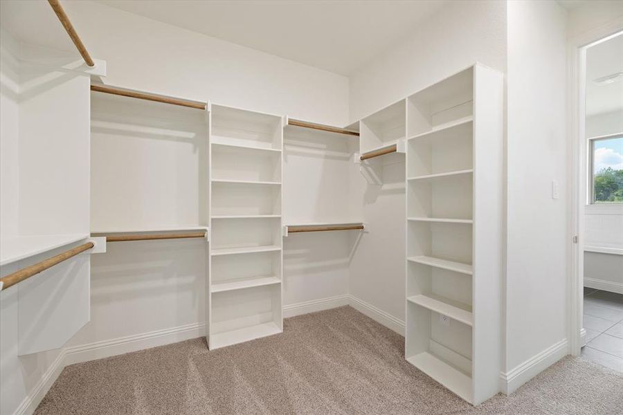 Spacious closet featuring light colored carpet