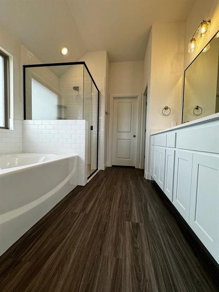 Bathroom with wood-type flooring, vanity, and separate shower and tub