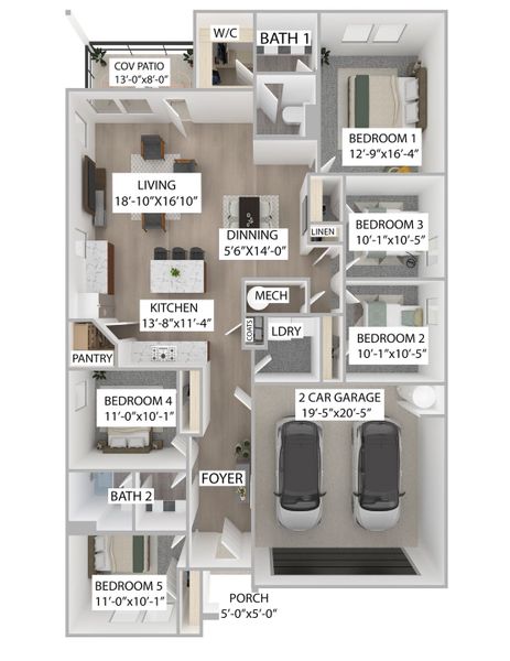 2D floor plan layout for the SPRUCE by D.R. Horton in Riggs Pointe, Millington, TN (Image 4).