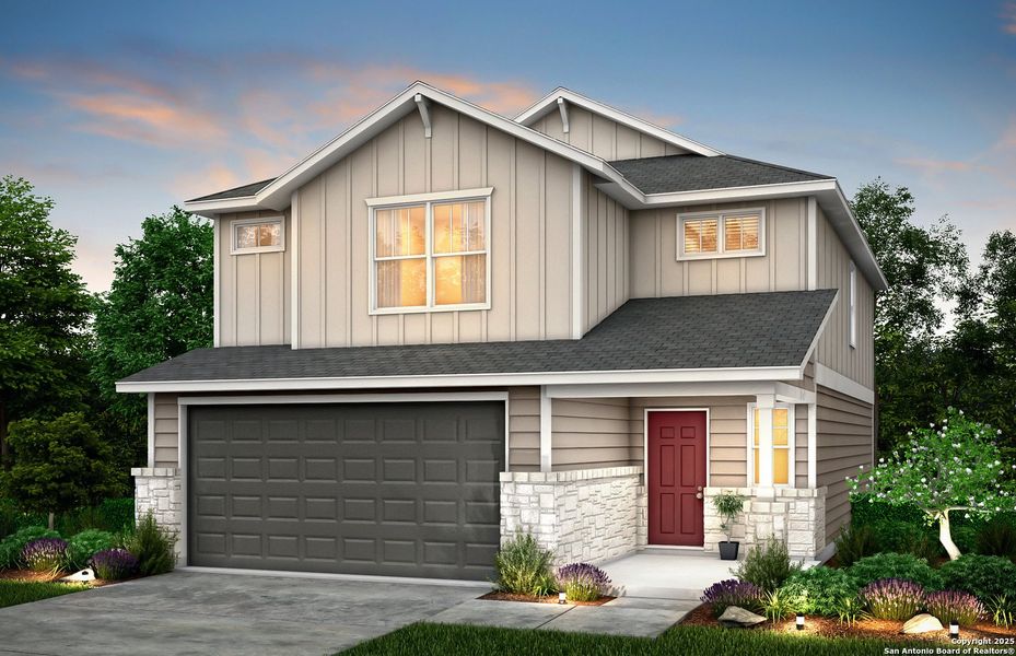 Front exterior of a new home in , New Braunfels, TX, highlighting curb appeal (Image 1).