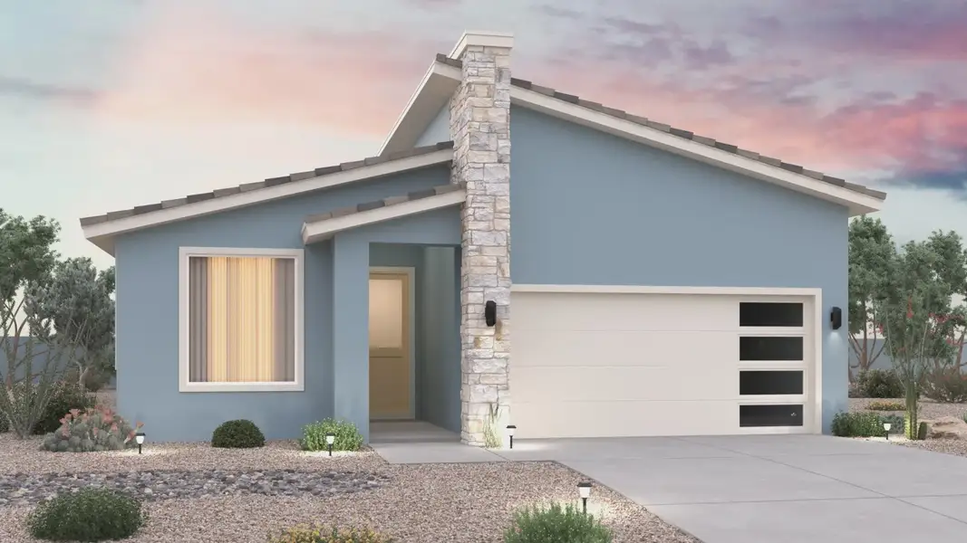 Front exterior of a new home in Teravalis, Buckeye, AZ, highlighting curb appeal (Image 4). Front exterior of a new home in Teravalis, Buckeye, AZ, highlighting curb appeal (Image 4).